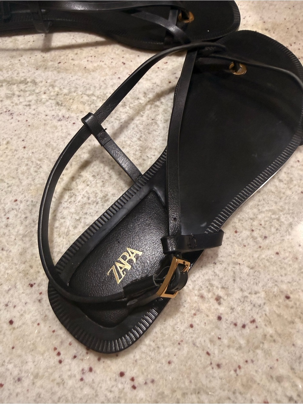 Zara Black Strappy Leather Flat Sandals with Gold Buckle - Picture 3 of 5